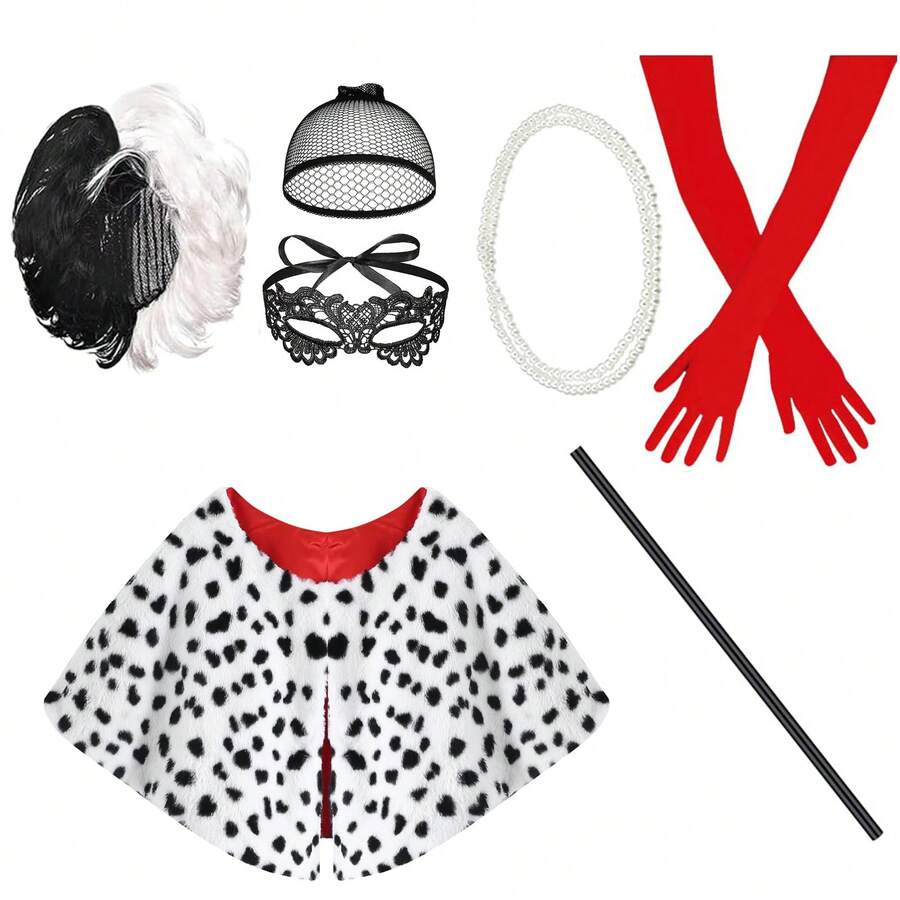 7-Piece Halloween Costume Set, Black And White Spotted Shawl, 1920s Red Gloves, Black And White Wig, Eye Mask, Necklace, Suitable For Adults, Perfect For Dressing Up Parties - A - View 1