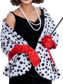 7-Piece Halloween Costume Set, Black And White Spotted Shawl, 1920s Red Gloves, Black And White Wig, Eye Mask, Necklace, Suitable For Adults, Perfect For Dressing Up Parties - A - View 5