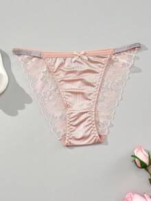 4件套女士高腰纯色柔软丝滑曲线三角裤套装，缎面蕾丝内裤 - 彩色 - 查看 7