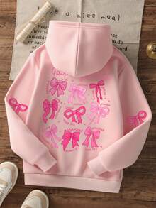 女童休闲连帽卫衣，饰有爱心蝴蝶结卡通印花，适合情人节、秋冬季穿着。 - 粉色 - 查看 2
