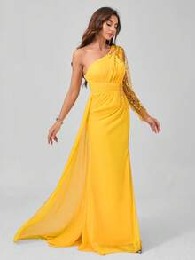 水晶装饰长袖开衩肩带连衣裙 - 黃色 - 查看 7