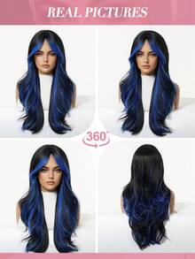 Ava WIGS 26 Inch Two-Tone Color Blue And Black Long Body Wave Wig Synthetic Wigs With Bangs Glue Less Heat Resistant Synthetic No Lace Wigs For Women Black Mixed Blue Long Body Wavy Wig Daily Party Cosplay Multicolor Wigs, Perfect Halloween Gifts For Ladies