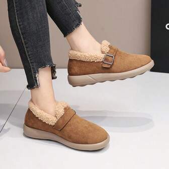 Women's Fashion Thickened Thermal Lined Snow Boots, Buckle Decor Solid Color Slip-On Casual Warm House Slippers