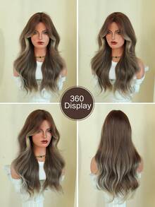 AKAKO 26 Inch Flax Brown Ombre Long Wavy Wig With Curtain Bangs, High Quality Heat-Resistant Fiber Synthetic Wave Curly Hair Wig, Gorgeous Goth Style Costume Wigs For Women Halloween Party Masquerade Ball,Music Festivals & Carnival Use - 亞麻棕 - 查看 6