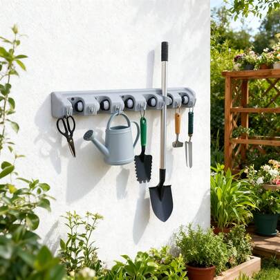 Wall Mounted Mop And Broom Holder With Hooks, Sturdy Space-Saving Organizer For Concentrated Storage And Easy Access, Suitable For Bathroom, Kitchen, Garden, Cleaning Accessories, Household Tools