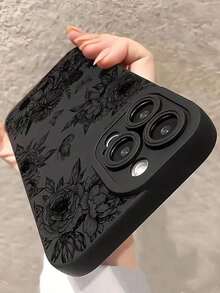 Flower 1pc Black Matte Edge Phone Case With Floral Pattern, Personalized Design, Compatible With Apple 16 Pro Max, 15, 14 Plus, 13, 12, 11 And Series Waterproof Shockproof Anti-Fall Scratch Resistant - 黑色 - 查看 5