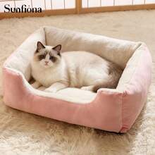 SUNFIONA 四季方形毛绒宠物床带垫 - 柔软舒适的羊毛中型猫和小型犬沙发床,开放式顶部设计,耐用易清洁的可折叠室内窝,适用于卧室、客厅、阳台 - 为小猫和小型犬提供温暖的庇护所,猫床,舒适的宠物家具,毛绒宠物床上用品,可折叠宠物床,涤纶宠物床 - 彩色 - 查看 3