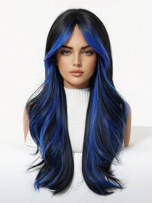 Ava WIGS 26 Inch Two-Tone Color Blue And Black Long Body Wave Wig Synthetic Wigs With Bangs Glue Less Heat Resistant Synthetic No Lace Wigs For Women Black Mixed Blue Long Body Wavy Wig Daily Party Cosplay Multicolor Wigs, Perfect Halloween Gifts For Ladies