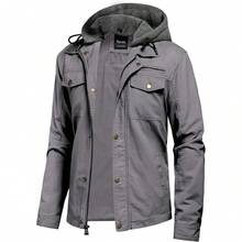 Men's Canvas Cotton Military Casual Field Jacket Outerwear With Removable Hood - Màu Xám nhạt - Xem 1