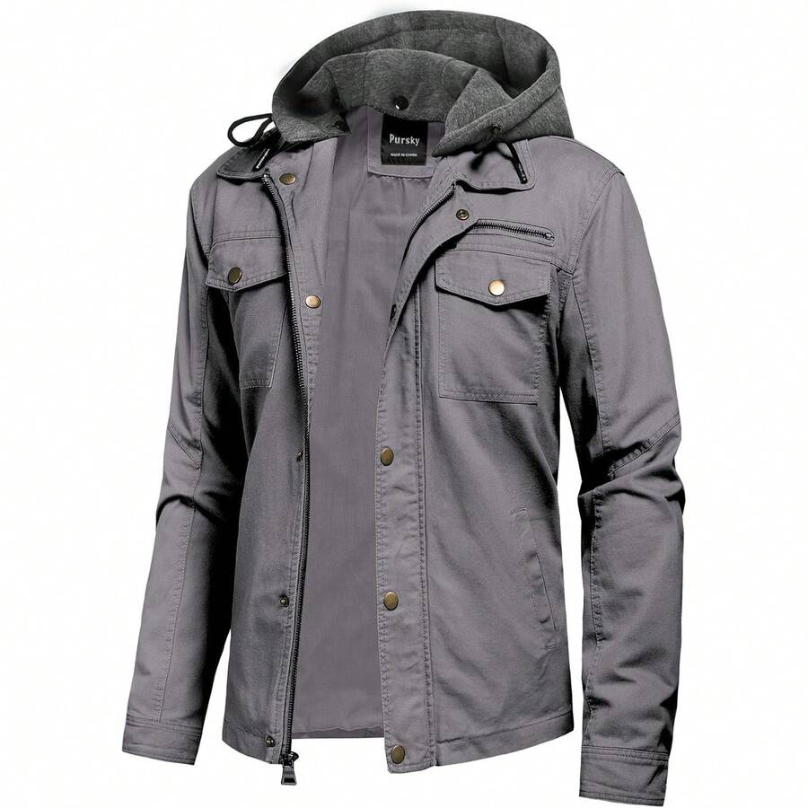 Men's Canvas Cotton Military Casual Field Jacket Outerwear With Removable Hood - Màu Xám nhạt - Xem 1