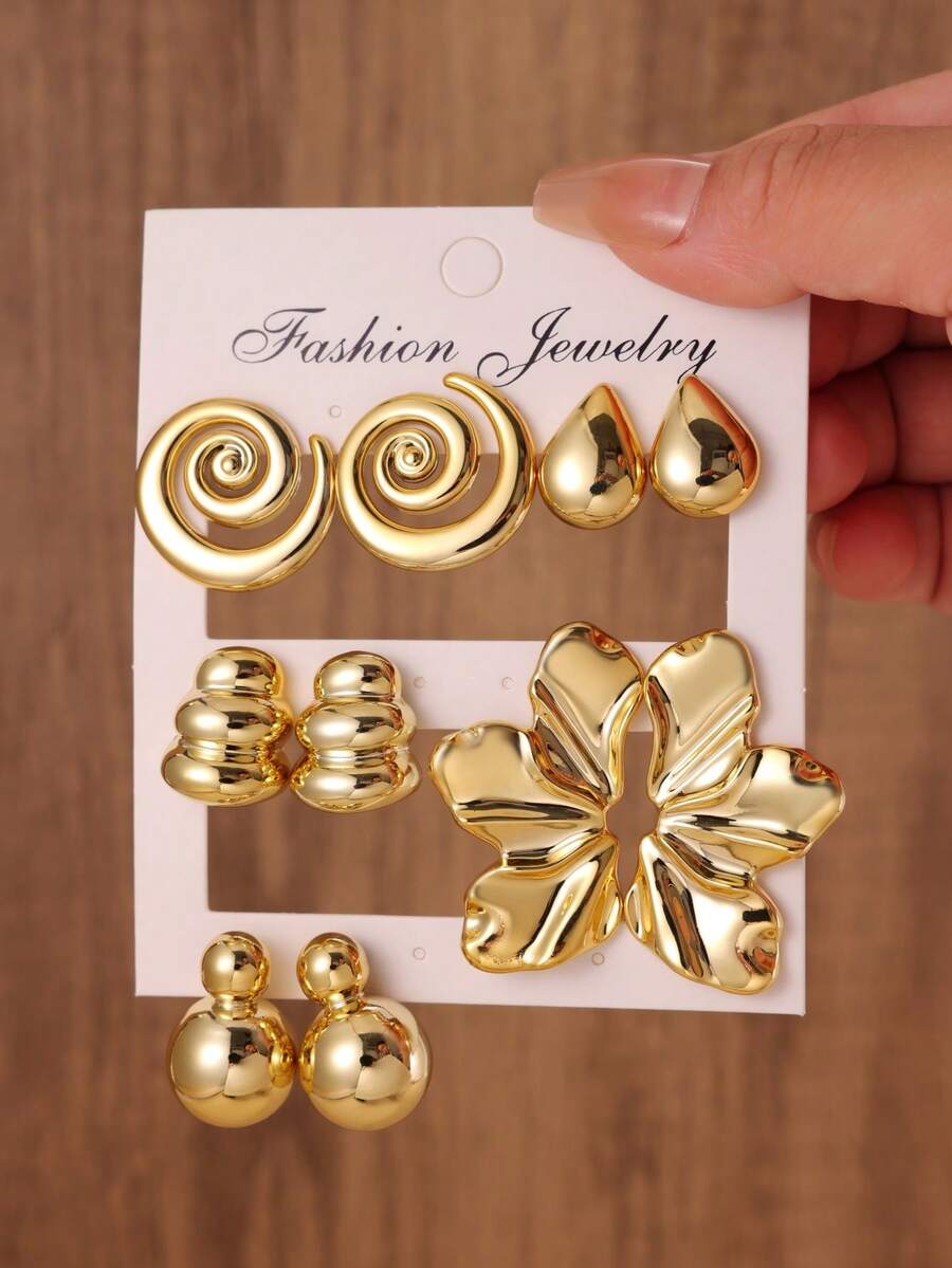 2-10 件/套时尚金花、泪珠、圆形、螺旋耳钉套装，适合女性度假、派对、日常佩戴 - 金色 - 查看 1