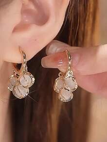 1 Pair Elegant Copper Tone Earrings With Faux Pearl Beads And Shimmering White Gems, Perfect Gift For Birthday, Christmas, Anniversary