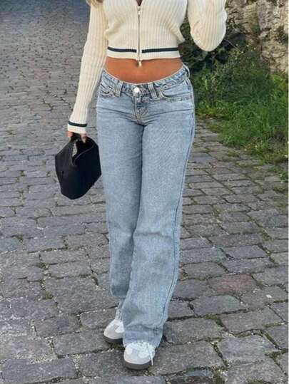 Calça Jeans Casual Feminino de Cintura Baixa, Perna Larga, Bolso Inclinado Azul Curvo