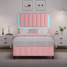 Queen Upholstered Bed Frame With LED Lights, Faux Leather Platform Bed With Headboard And Wooden Slats Support, No Box Spring Needed, Noise-Free, Easy Assembly, Twin/ Full/ Queen (USB LED Strip) - Hồng - Xem 12
