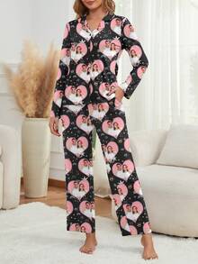Customized Women Pajama Set, Personalized With Pet/Character/Portrait, Holiday/Bestie Gift - Black - View 5