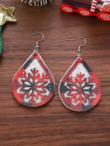 1 par de pendientes de mujer navideños, pendientes vintage de invierno con copo de nieve de cuadros rojos y negros con purpurina, colgante de gota de agua hueco, pendientes de doble capa de PU brillante, regalo para fiesta