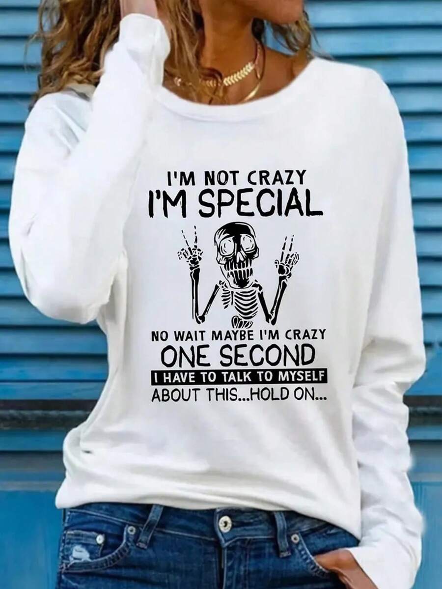 Casual Women's White Long Sleeve T-Shirt With Funny Skeleton Graphic Print Round Neck Drop Shoulder Top Loose Fit Knitted Fabric - White - View 1