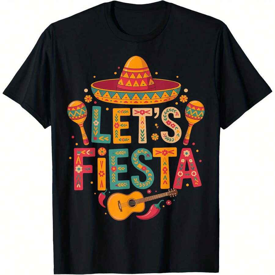 Mexican Lets Fiesta Funny Guitar Cinco De Mayo T-Shirt  Women'S T-Shirt Gift T-Shirt  Sports ,Comfortable home wear, Casual fashion,Sizes S - 5XL Black