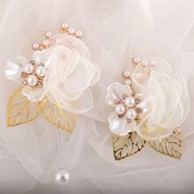 2 piezas Conjunto de Corsage de Muñeca + Broche, Mujer Elegante Organza Rosa Dorado Hoja Falsa Rosa Corsage de Muñeca y Broche, Novia Novio Dama de Honor Padrino Decoración de Boda, Fiesta Baile Accesorios