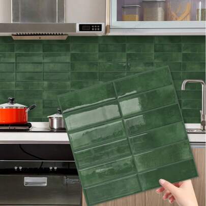 10 zelfklevende groene muurstickers, 30x30 cm - waterdichte, zelfklevende achterwandtegels met glanzende afwerking voor keuken en badkamer, eenvoudige installatie, geschikt voor meerdere oppervlakken en ruimtethema's