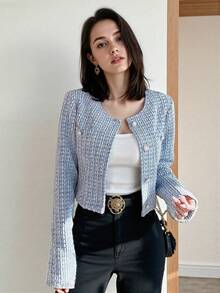 Chaqueta corta de cuello redondo a cuadros para mujer con botones de perlas en la parte delantera, casual y elegante, adecuada para primavera, otoño e invierno. - Azul - Ver 4