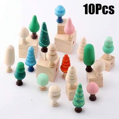 10 件未完成的木制圣诞树，天然迷你 DIY 木制原木色森林，白色空白用于绘画，蘑菇树装饰，家居桌面装饰，圣诞节小礼物