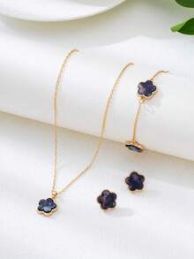 4pcs/Set Fashion Black Flower Decor Jewelry Set For Women For Daily Decoration Valentine's Day Gift Valentines,Mom,Mother,Mother's Day,Gift - Ink Black High-end Clover Jewelry - View 2