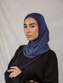 1 pezzo Sciarpa/Fascia per la testa stile balaclava in stile mediorientale da donna, con laccetti, in tessuto jersey confortevole, adatta per l'uso quotidiano - Blu Navy - Visualizzare 2