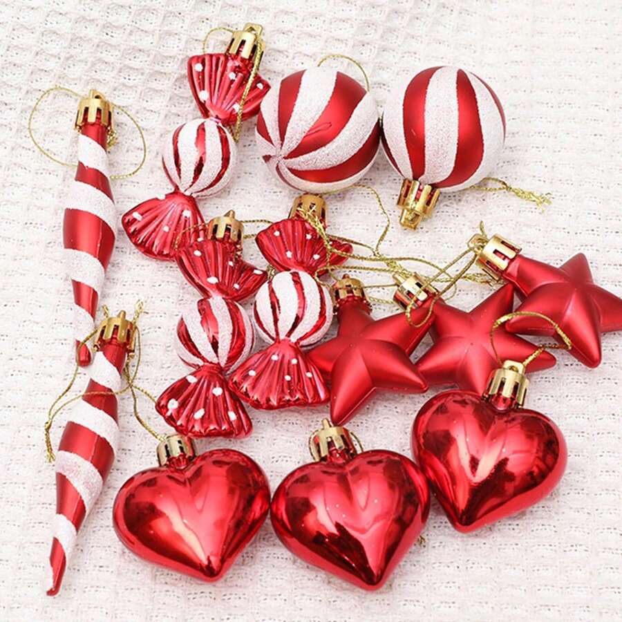 Set di decorazioni natalizie con palline a righe simili ai bastoncini di zucchero, cuori, stelle e decorazioni di varie forme - kit di decorazioni per albero di Natale in plastica lucida con ganci per appendere per Natale, Capodanno, feste del Ringraziamento (senza piume/neve), decorazioni natalizie, decorazioni per albero di Natale, decorazioni natalizie a forma di bastoncino di zucchero, palline di Natale, ornamenti per albero di Natale, decorazioni natalizie a forma di caramella, decorazioni per albero di Natale, decorazioni natalizie rosse, palline di Natale