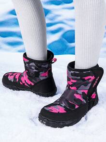 1雙兒童不對稱圖案魔鬼氈易穿保暖雪地靴，男孩女孩適用，秋冬款，適合戶外旅行與學校活動 - 玫紅色 - 查看 5