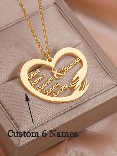 Customized 1-6 Family Name Necklace,Personalized Engraved Name Heart-Shaped Pendant, Golden Stainless Steel Interwoven Heart Design,Women's Daily Jewelry Gift, Mother Couple With Heart-Shaped Pendant,Birthday, Anniversary, Halloween, Christmas Gift