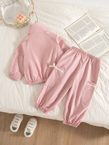 Autumn/Winter Baby Girls Cute Casual Pink Sweet Ribbon Bow Zipper Jacket & Pocket Drawstring Pants Set - Pink - View 2