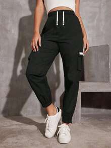 1pc Teen Girl Casual Straight Leg Drawstring Pants With Pockets, Spring Autumn - Black - View 3