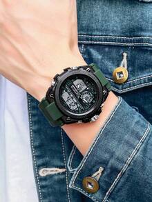 SANDA. 男士手表顶级双显防水运动手表军用男士闹钟秒表石英腕表男式 LED 数字时钟 - 軍綠色 - 查看 5