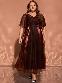 Women's Elegant Ombre Cocktail Party Dress, Formal Maxi Gown With High Slit, Criss-Cross Ruffle Hem, Metallic Fabric, Suitable For Formal Events, Weddings, Galas, Concerts, Parties In Spring, Summer, Autumn, Christmas - Burgundy - View 2