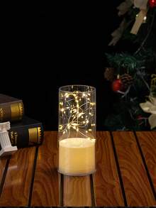 1pc Gradient Height Glass Cover With LED String Lights, Simulated Wax Candle Lamp, Warm Atmosphere Style, Milky White Cylindrical With Flashing Light Details, Decorative Lighting Electronic Candle Ornament, Suitable For Home Decor, Candlelight Dinner, Valentine's Day - Beige - View 8
