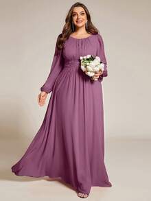 EVERPRETTY Plus Size Elegant Volang Chiffong Rund Hals Långärmad Lila Brudtärneklänning, Lämplig För Fest, Höst/Vinter Bröllopsgästkläder - Blåröd - Visa 5
