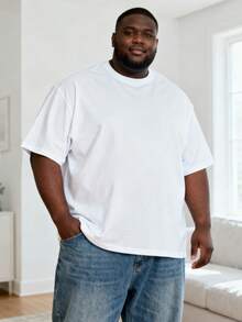 大码男士休闲简约纯白色圆领短袖 T 恤，百搭日常穿着 - 白色 - 查看 2