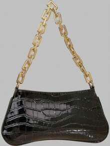 DareSee Neon Yellow Bright Color Snake Skin Acrylic Gold Chain Decor Underarm Baguette Bag MusicFest Y2KFest Back To School Autumn Winter Gifts Music Fest Back To School - Black - View 1