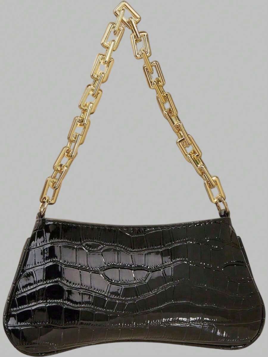 DareSee Neon Yellow Bright Color Snake Skin Acrylic Gold Chain Decor Underarm Baguette Bag MusicFest Y2KFest Back To School Autumn Winter Gifts Music Fest Back To School - Black - View 1