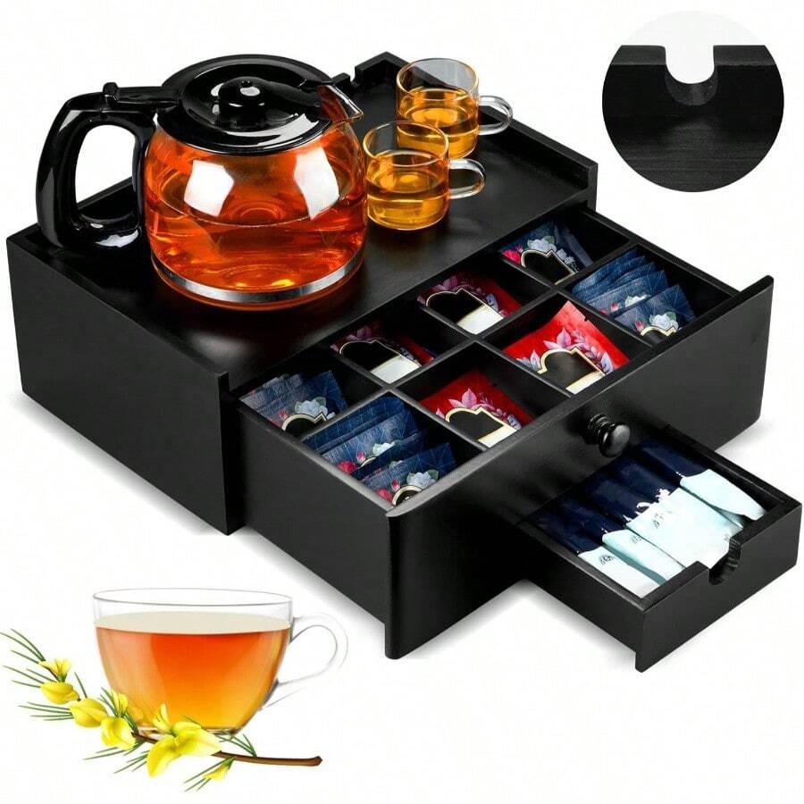 Gift,Tea Bag Organizer Wood Tea Organizer Storage Box 8 Compartments Container Holder With Lid To Storage And Keep Black - Đen + 13 x 8,07 x 4,92 inch - Xem 1