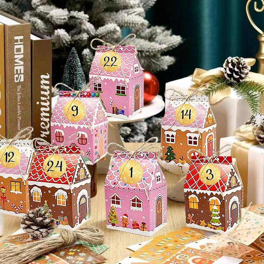 24 cajas de regalo navideñas, cajas de regalo con forma de casa 3D de muñeco de nieve con piruleta, cajas de regalo para fiestas navideñas, cajas de regalo para envolver, cajas de regalo de galletas, decoraciones navideñas, adecuadas para Navidad, fiestas navideñas