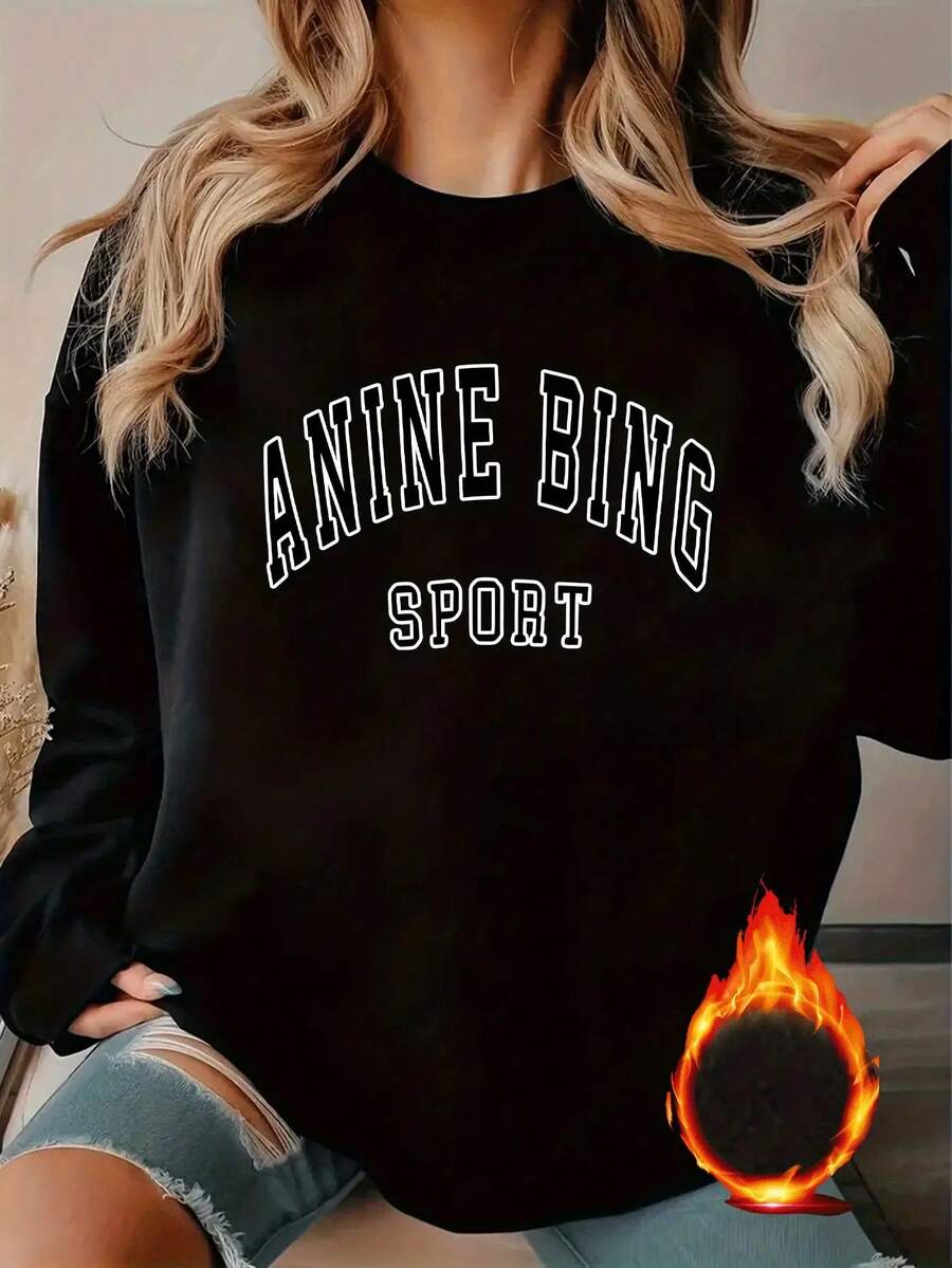 Women's Crewneck Sweatshirt - Beige With Bold BLACK "ANIME BING SPORT" Lettering - Pullover Sweater For Gym, Anime Conventions, Casual Outfits - Machine Washable Polyester Top, Ladies Sweater Blouses, Outdoor Activewear, Partyready Style, Cozy Fleece Interior - 黑色 - 查看 1