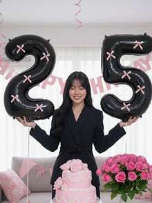 6件組 32英吋（約80公分）黑色數字0-9生日派對裝飾氣球，搭配粉色蝴蝶結，適合優雅風格派對裝飾，夢幻甜美，打造完美派對拍照背景 - 32in黑色數字 - 查看 5