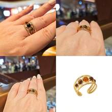 18k Gold Plated Stainless Steel Open Band Gold Crown Ring Tigerite Stone Ring For Women Vintage Twisted Rope Design Tiger Eye Ring Women's Jewellery Crystal Jewellery
