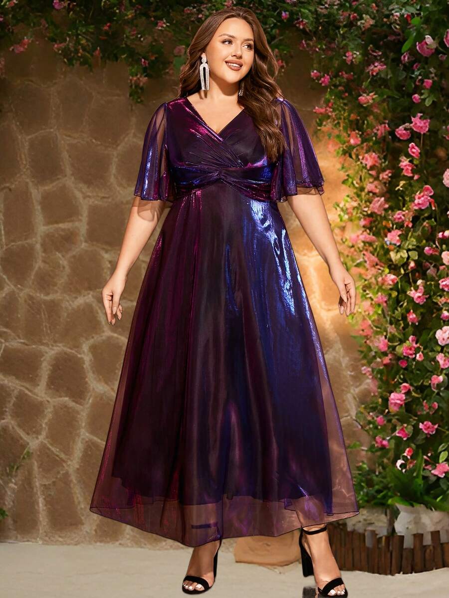 Women's Elegant Ombre Cocktail Party Dress, Formal Maxi Gown With High Slit, Criss-Cross Ruffle Hem, Metallic Fabric, Suitable For Formal Events, Weddings, Graduations, Concerts, Spring/Summer/Autumn - Purple - View 1