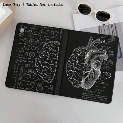 1 pieza Funda protectora de tableta con temática de cerebro y corazón, incorporando elementos científicos - Una opción ideal para entusiastas de la ciencia y románticos, con un diseño de tapa abatible con ranura para bolígrafo