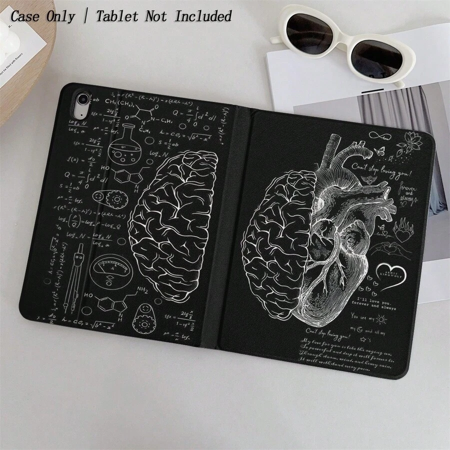 1 - Pieza Funda protectora para tableta con temática de cerebro y corazón con elementos científicos - Ideal para entusiastas de la ciencia y almas románticas, funda protectora tipo folio con soporte para bolígrafo - Multicolor - Ver 1