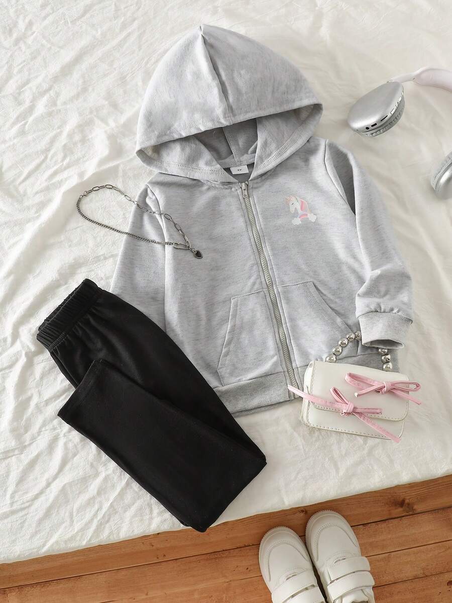 2 Stücke/Set Einhorn-Muster Sweatshirt Outfit für Kleine Mädchen, Langarm Kapuzenjacke mit Taschen & Strickjeans, warmer Lässig anzug für Frühling, Herbst, Winter, geeignet für Zuhause, Schule, Park