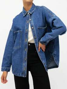 2026 Women Denim Shirts Oversized Long Sleeve Button Down Blouse Distresse Jean Jacket Spring Outfits - Màu xanh lam - Xem 2